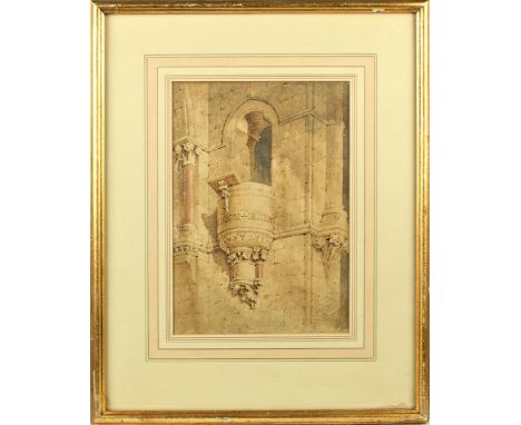 Drawing of a pulpit in a church. Overall size: 16 x 12 3/4 in. Sight size: 9 1/2 x 6 1/2 in. Please note that all sales are f