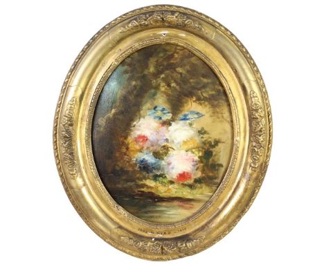 One of a pair. Floral Landscape. Oil on Board, Circular Gilt frame. Also known as Narcisse-Virgil Diaz de la Pena was a Frenc