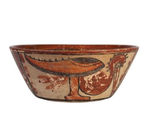 Historic pottery bowl, beautiful polychrome with vivid orange color inside and bird motif outside. Commensurate with age, nic