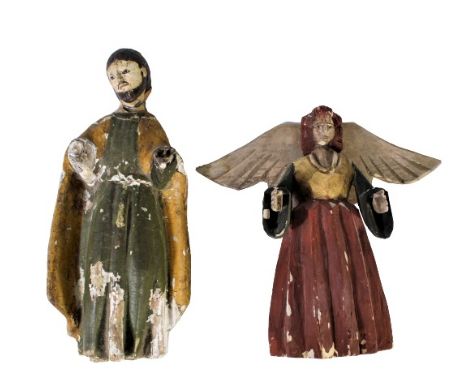 Possibly from Mexico, wooden polychrome religious figures, as is condition. Male figure is 11 1/4 in tall; Angel is 9 in. tal