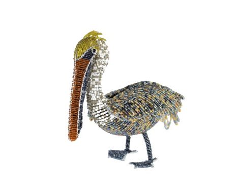 Pelican figure sculpture crafted of beads and wire. Size: 10 x 11 in. Please note that all sales are final and no refunds wil