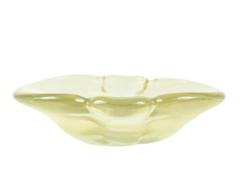 Beautiful luminous gold colored glass dish, heavy. Size: 3 1/2 x 13 in. Please note that all sales are final and no refunds w