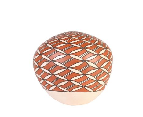 Native American Acoma Pueblo jar decorated with a rain and butterfly pattern, a design made popular by Grace Chino. Size: 4 x