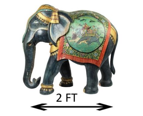 Handpainted, polychrome and carved wood sculpture of an Indian Royal Elephant, this is a very heavy and substantial sculpture