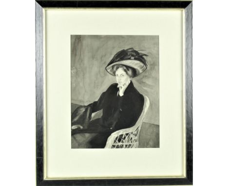 Monochrome watercolor of a seated woman with hat, inscribed and dated verso.  Overall size: 20 x 17 in. Sight size: 12 x 9 1/