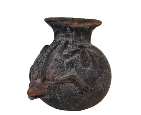 Native American historic pottery jar, with raised tree frog. The kill hole indicates it was likely a funerary item.  Approx 6