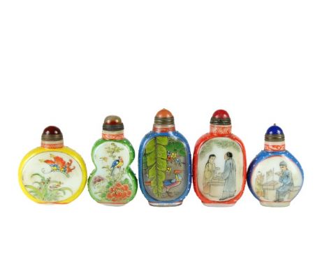 Gorgeous snuff bottles with a hand painted scene on each one. All have a marking on the underside and show signs of aging. Al