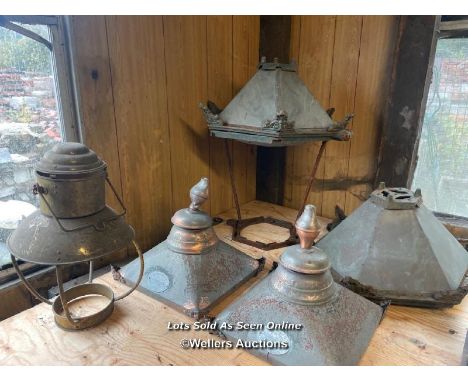 5X ASSORTED METAL LIGHT LAMP COVERS INCLUDING JOSEPH KNIGHT LAMP CO. LTD, LARGEST APPROX 59CM HIGH 