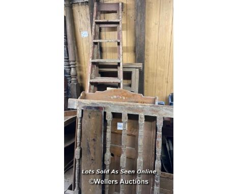 LARGE QUANTITY OF WOODEN ITEMS INCL. WINDOW FRAMES, CORNER SHELF, AS FOUND LADDER, PACK OF NEW TIMBER AND MORE