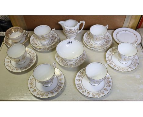 A Coalport bone china nineteen-piece part tea service of white ground &amp; with gilt decoration; a Foley bone china teacup &