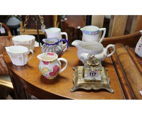 A brass desk inkstand fitted with a glass inkwell; together with various items of decorative china &amp; pottery, part w.a.f.