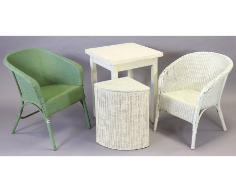 A green painted loom basket chair, a white painted ditto, a white painted loom &amp; wooden square occasional table, and a si