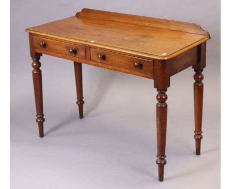 A Victorian mahogany side table fitted two frieze drawers, &amp; on turned legs, 104cm wide x 73cm high x 46cm deep. 