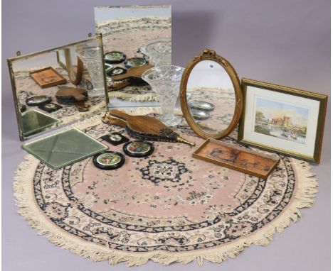 A gilt frame oval wall mirror, 45cm x 32cm; together with two other wall mirrors; a coloured print; a pair of fire bellows; &