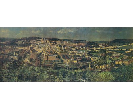 A large Limited Edition coloured print after Peter Brown – a view of Bath (signed &amp; numbered 71/1755), 44cm x 98cm in a g