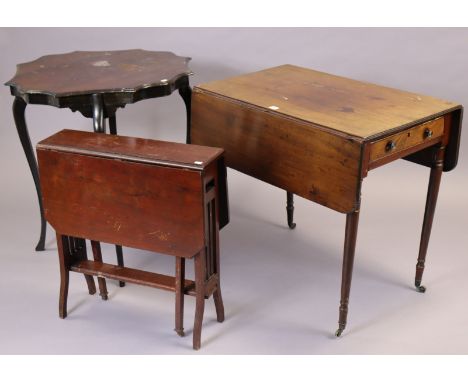 A 19th century mahogany Pembroke table fitted end drawer, &amp; on round tapered legs with steel castors, 83.5cm wide x 73cm 