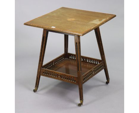 A 19th century inlaid-mahogany square two-tier occasional table with a pierced gallery to the lower tier, 58cm wide x 67cm hi