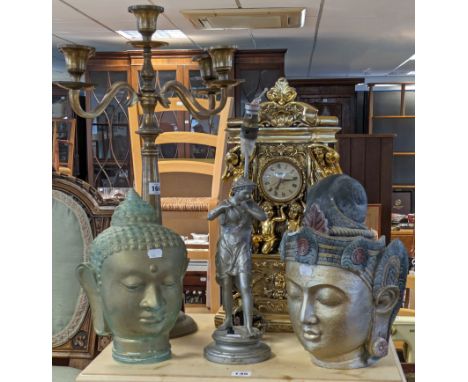 A 19th century-style gilt mantel clock, 49.5cm high; a brass four-branch table candelabra, 61cm high; one figural table lamp 