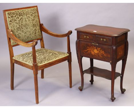 A 19th century marquetry-inlaid mahogany work table fitted two frieze drawers above a fall-front, &amp; on carved cabriole le