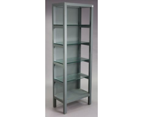 A light grey painted pine tall five-tier standing open display unit fitted with plate-glass shelves, 62.75cm wide x 186cm hig