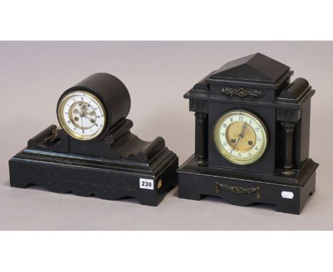 Two 19th century striking mantel clocks, each in a black slate case, 30cm &amp; 24.5cm high.