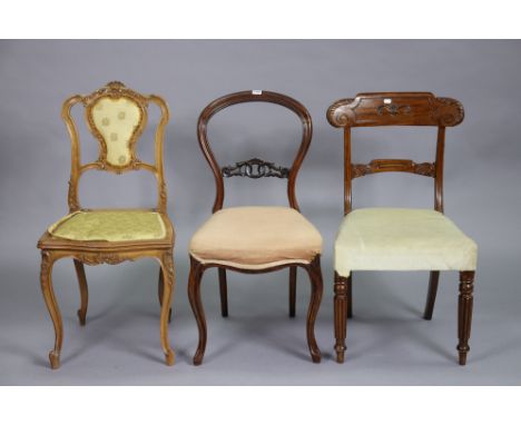 A 19th century simulated rosewood balloon-back occasional chair with a padded seat, &amp; on cabriole legs; together with two