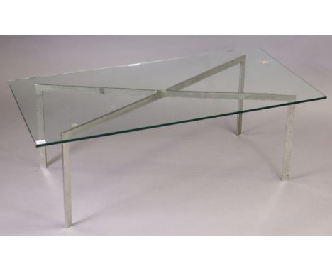 A silvered-metal coffee table on four square legs with diagonal stretchers, &amp; with a tempered-glass rectangular top, 120c