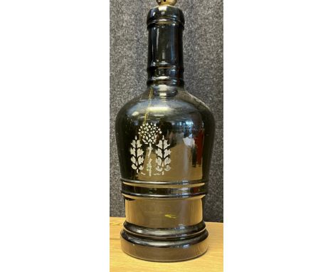 Antique green glass bottle with engraved thistle design to each side, converted to a table lamp. [32.5cm- bottle] 