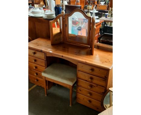 Pine Ducal dressing table chest with three way mirror and stool 