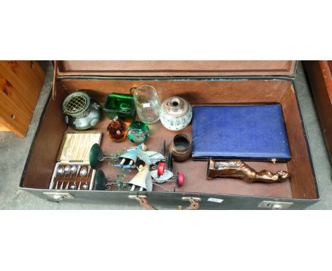 Vintage travel case with contents; Loetz and metal worked vase, Caithness paperweight Creatures great and small, Studio potte