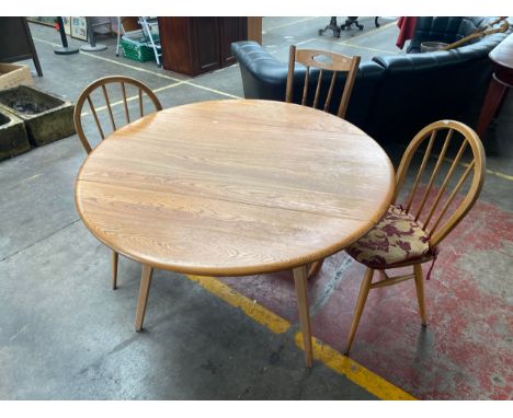 Vintage Ercol light elm drop leaf table, Two lightwood elm wood ercol chairs and one single chair. 
