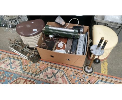 A Selection of vintage electricals; Two enamelled Morphy Richards heaters, various radios, Penthouse Industrial style lamp, p