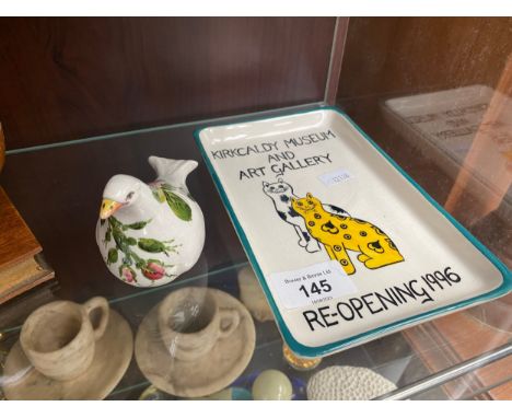 Wemyss Ware dove figure painted with the cabbage rose design- B. ADAMS EXON 513, Together with a Griselda Hill Pottery tray c