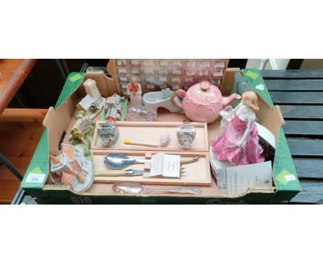 A box of collectables to include pair of oriental perfume glass bottles, royal Worcester figure and Lilliput lane cottages 