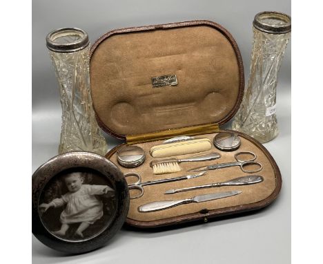 A Selection of silver hallmarked items; Cased Birmingham silver manicure set- silver pots, buffer, brush and silver handled f