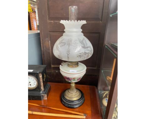 19th century paraffin lamp; acid etched glass shade, Vaseline hand painted body and brass support 