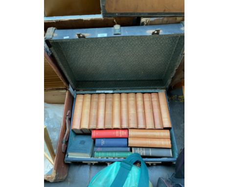 Vintage travel trunk containing mixed books; Collection of Exposition of Holy Scripture and In his steps. 