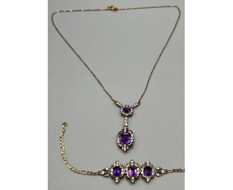 Art Deco Gold pendant and bracelet, Set with large cut amethyst stones and white sapphires. 9ct gold chain and bracelet secti