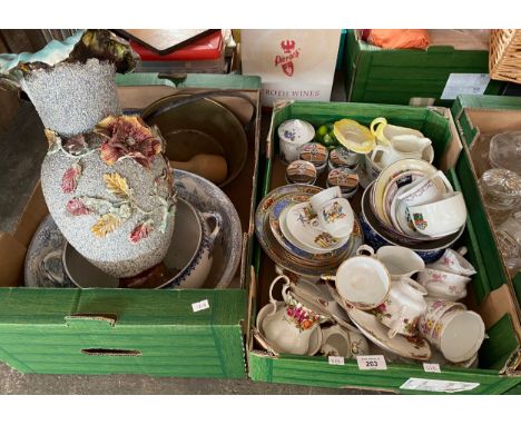 Two boxes of collectables; Royal Albert Old Country roses tea set, Royal Worcester preserve pots, Brass jelly pan and blue an