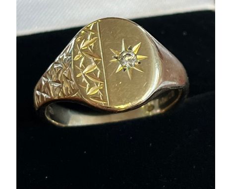 9ct yellow gold signet ring set with a single diamond stone. [7.38grams] [Ring size T] 