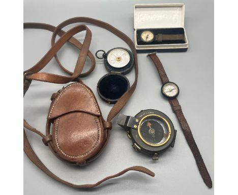 Selection of Compasses and Barometer; WW1 1917 Verner's Pattern VIII Compass with leather travel pouch, Two wrist compasses a