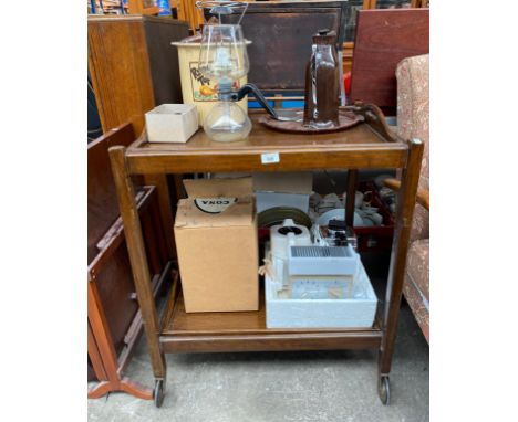 Two tier Service trolley and various service items; Teas maid, bakelite serving tray and flask. 