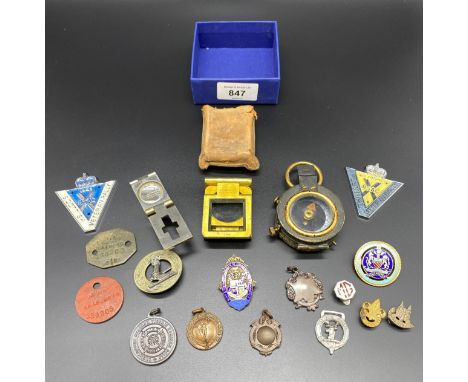 Collection of odds; Military compass, Casartelli thread counter, Military dog tags, Chester silver and enamel past president 