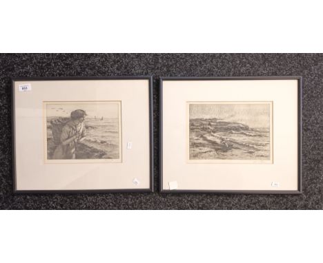John McGhieA pair of framed etchings depicting women carrying basket of herring and a crashing waves seascape. Both Signed.[2