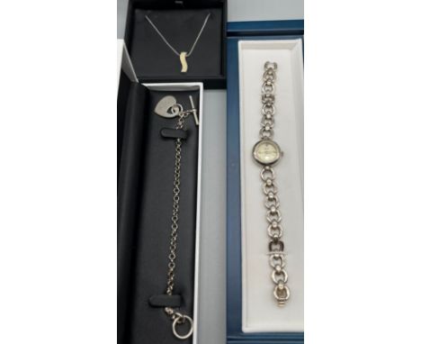 Three silver items of jewellery; Silver 925 ladies Quartz watch, Silver bangle with attached heart and T-BAR and silver penda