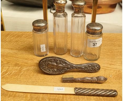 A Selection of mixed silver items; Four silver top and glass preserve pots, Victorian London silver letter opener, Sterling o