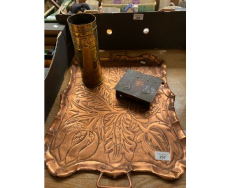 Three Copper and brass worked items; Large Arts &amp; Crafts two handle serving tray, 1910 Dusseldorf trench art shell vase a