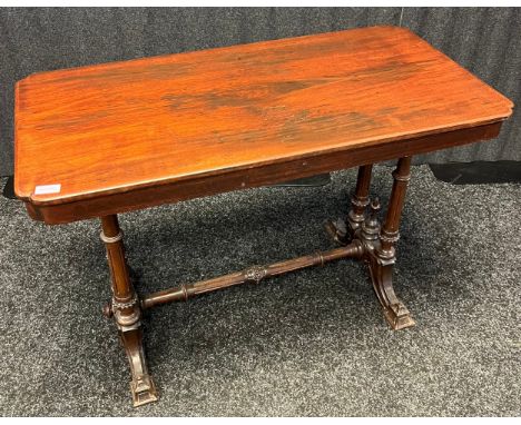 19th century dark wood console table, Supported on four turned columns and four out swept feet. [66x98x49.5cm] 