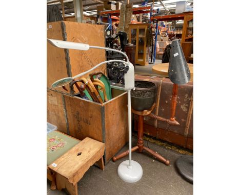 Hand made sewing lamp station, together with a contemporary anglepoise light magnifier 