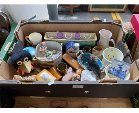 Crate of collectables and box of collectors plates. Noritake comport dish, Hummel figurine, Mauchline ware items and poole po